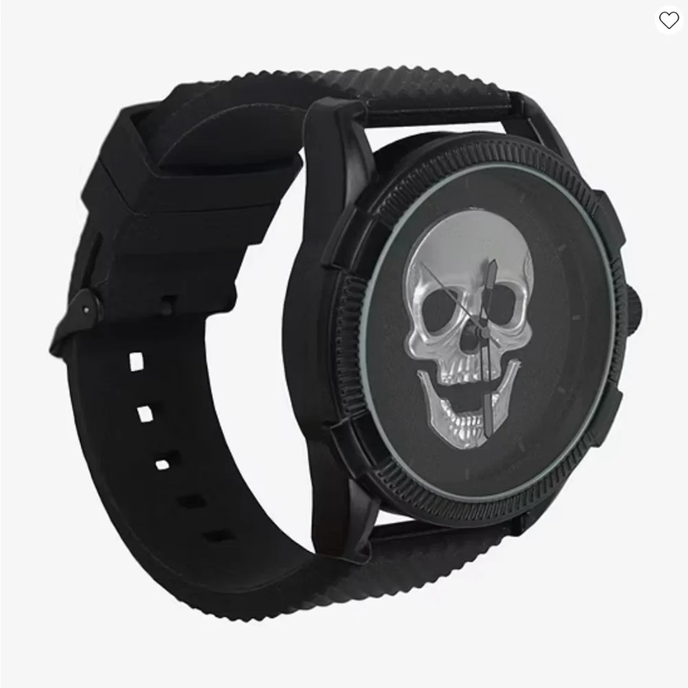 Ed Hardy Skull Watch Mens Black Silicone Strap 3D Skeleton Dial 50449B NWT